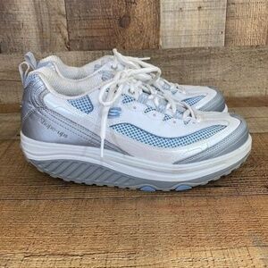 Skechers Shape Ups White Gray Blue Walking Shoe Women's 9 Toning Shoes